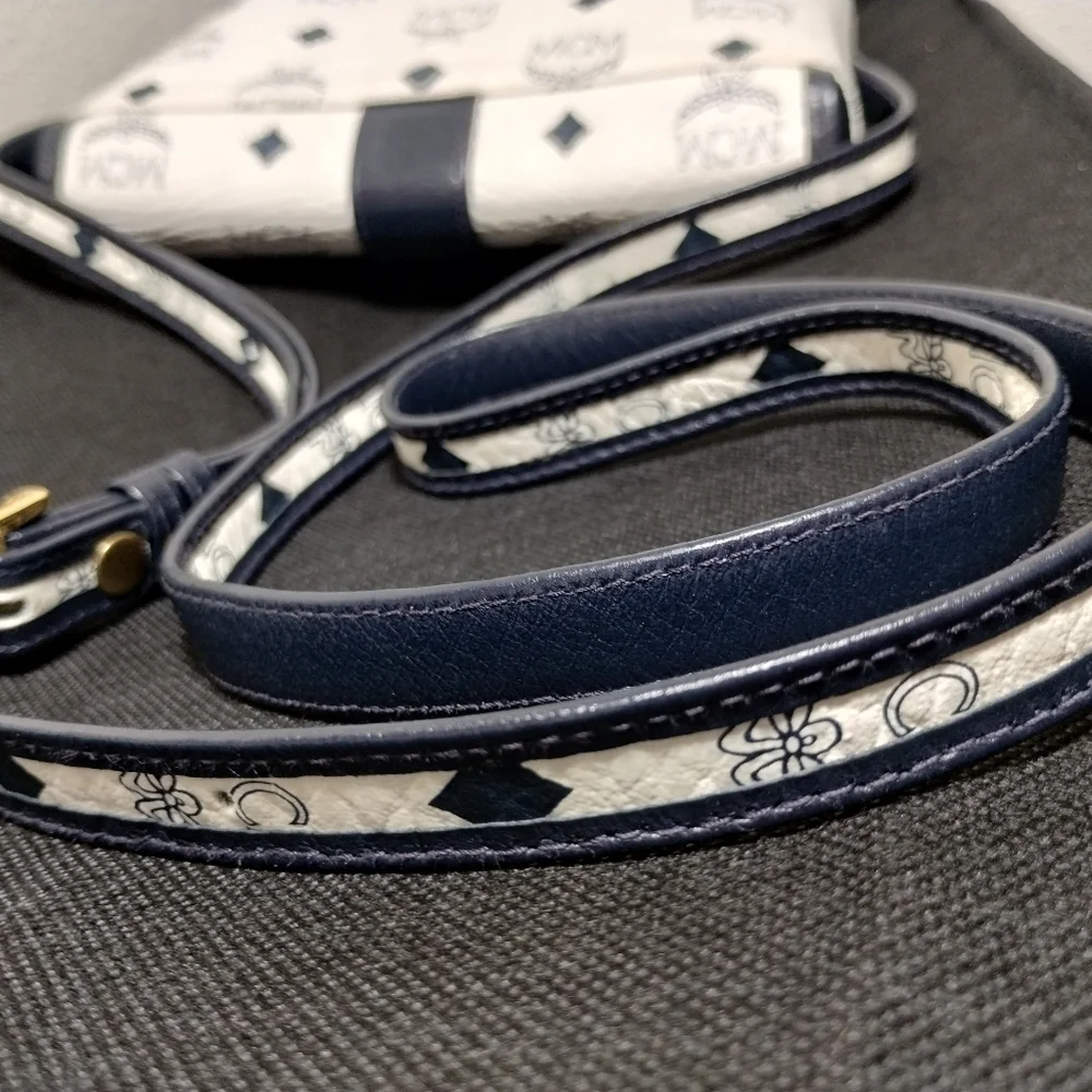 MCM Patricia Monogram Blue White Leather Crossbody Shoulder Bag Laurel Lock